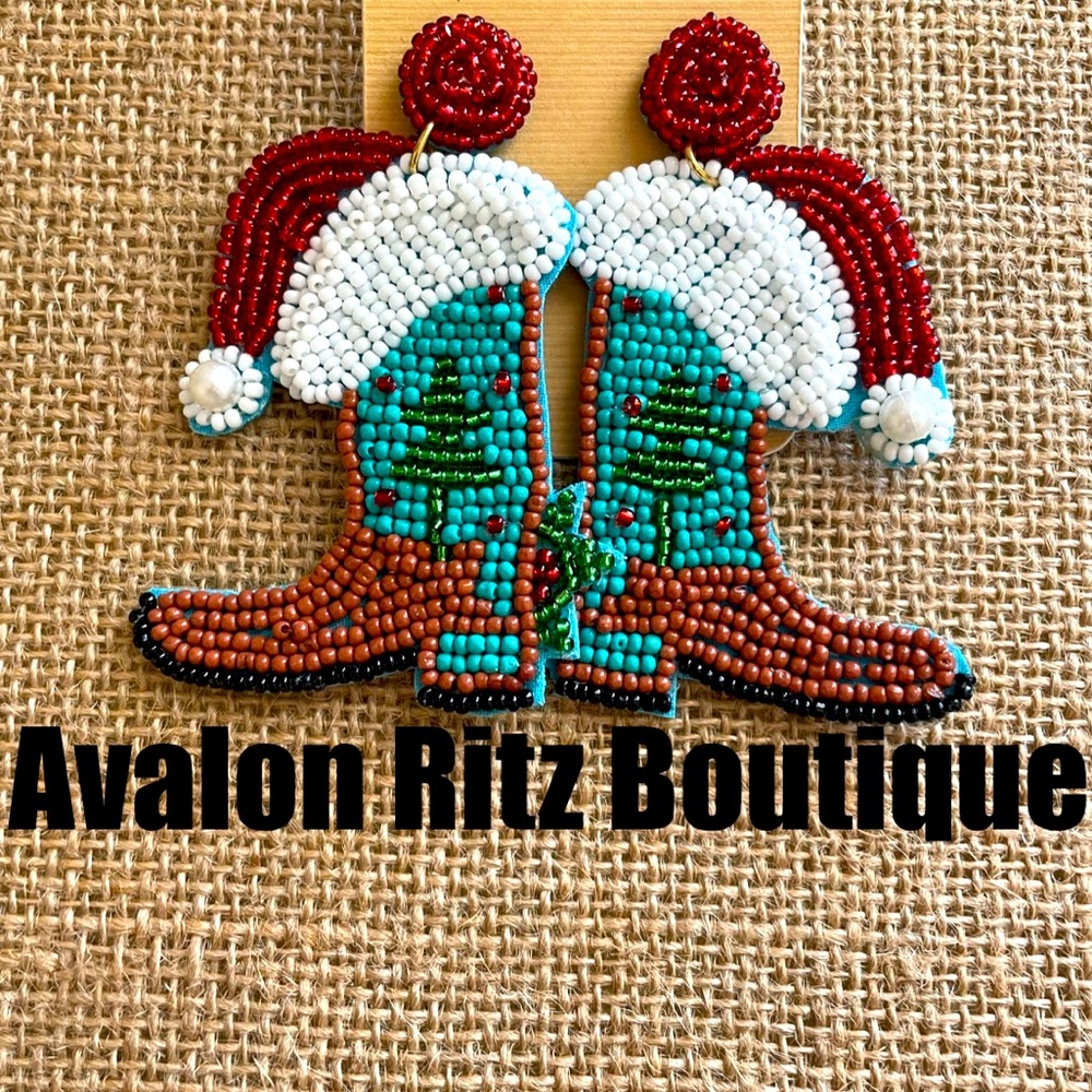 ❤️🎄Oh Santa! Multicolor Beaded Santa Hat Cowboy Boot Earrings